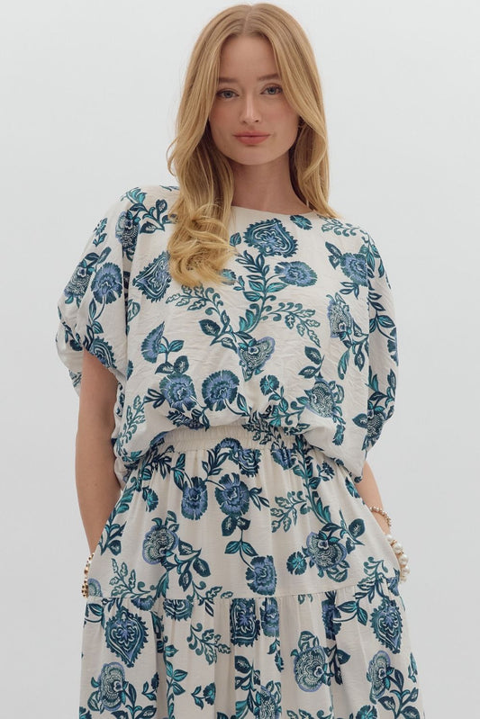 Entro Bubble Hem Top and Skirt Blue and Cream