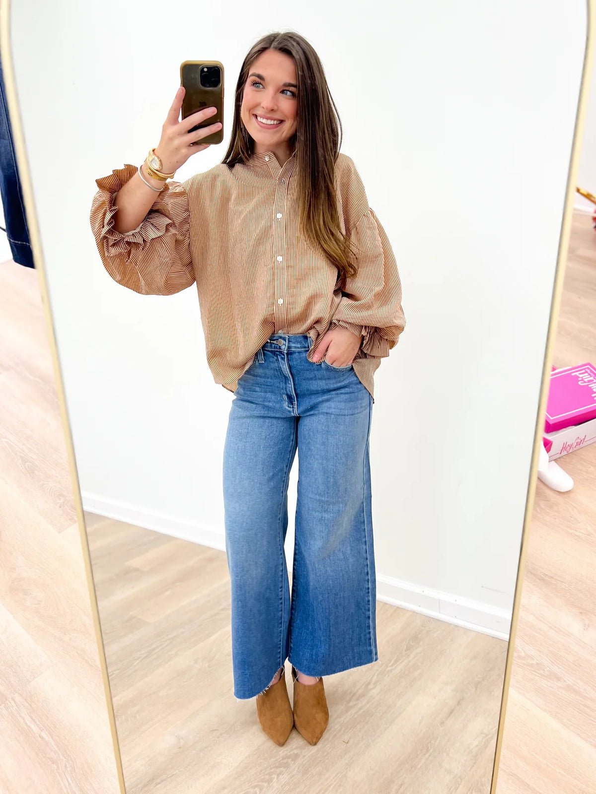 Fate Brown Pinstripe Voluminous Bubble Sleeve Blouse (FT21230)
