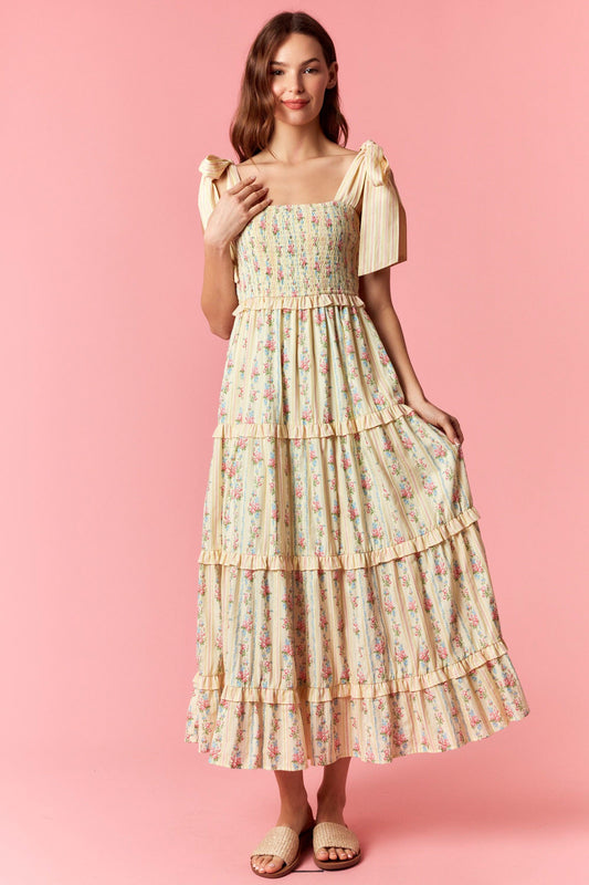 Peach Love California Light Yellow Multi Color Shoulder Tie Dress