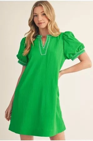 Jodifl Green Dress with Puff Sleeves
