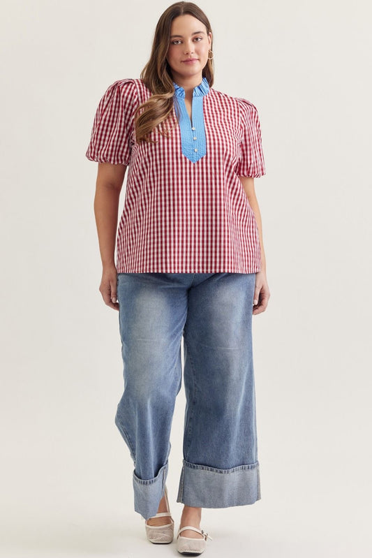 Entro Red Gingham Puff Sleeve Top