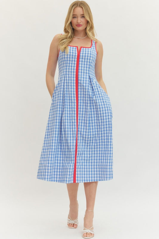 Entro Blue Gingham Dress with Red Contrast Trim