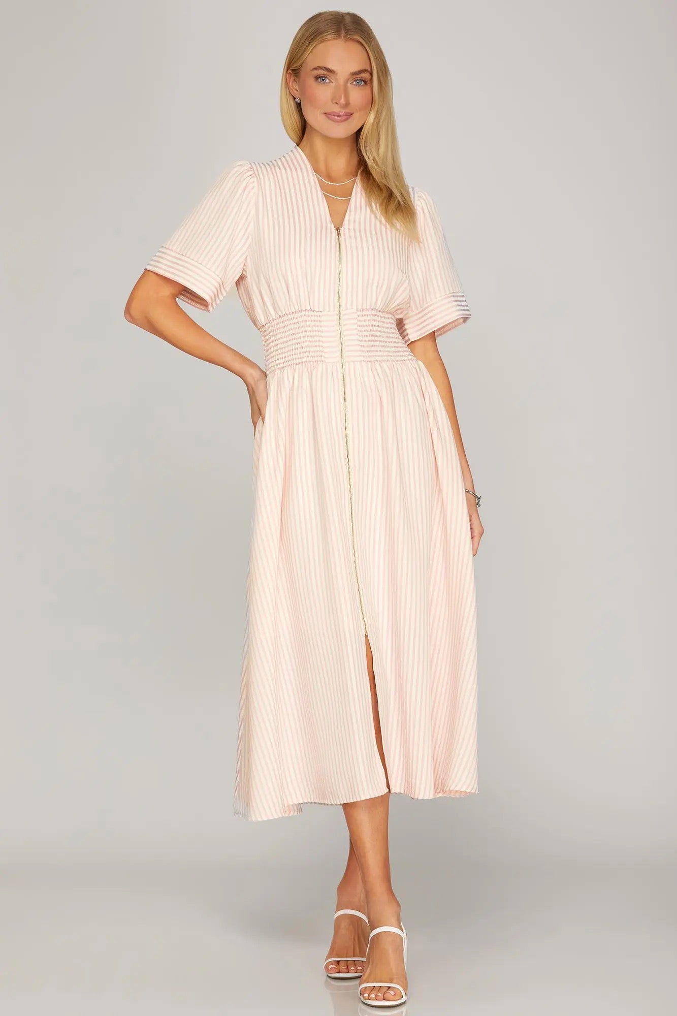 She + Sky Short Sleeve Smocked Waist Light Pink Dress