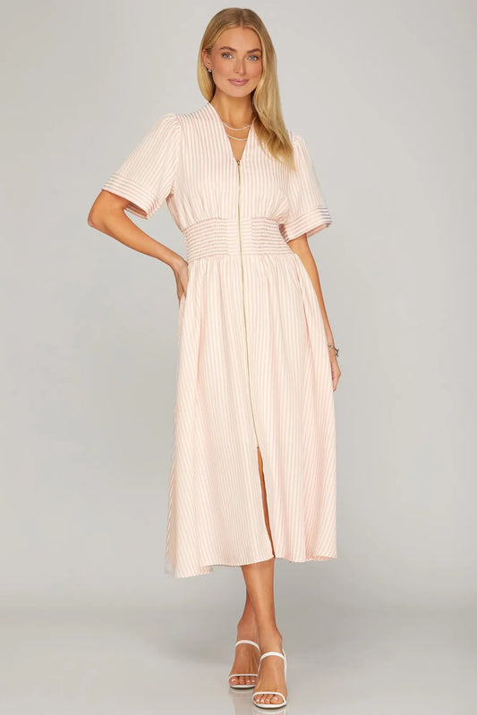 She + Sky Short Sleeve Smocked Waist Light Pink Dress