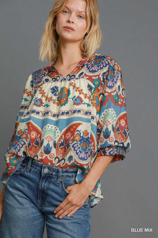 Umgee Blue Print Long Sleeve Top