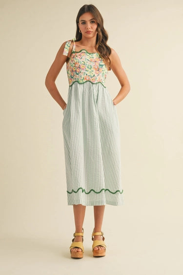 &Merci Scalloped Olive Stripe Dress