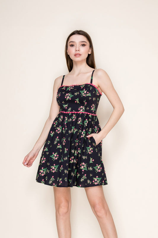 B.Right Navy Scalloped Edge Trim Floral Mini Dress (HZD412026)