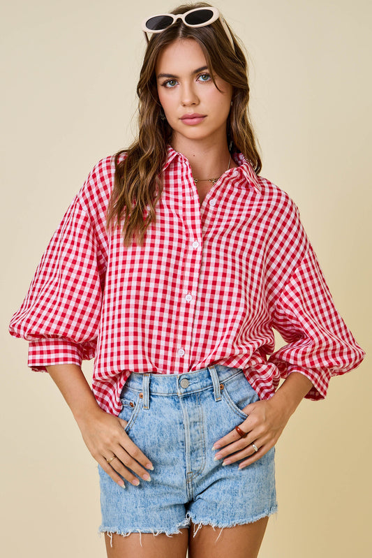 Day + Moon Red/White Gingham Button Down w/ Bubble Sleeve