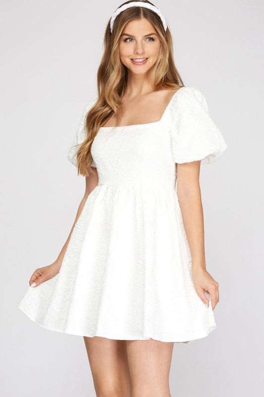 She + Sky Short Sleeve Puff Jacquard Woven Babydoll Dress