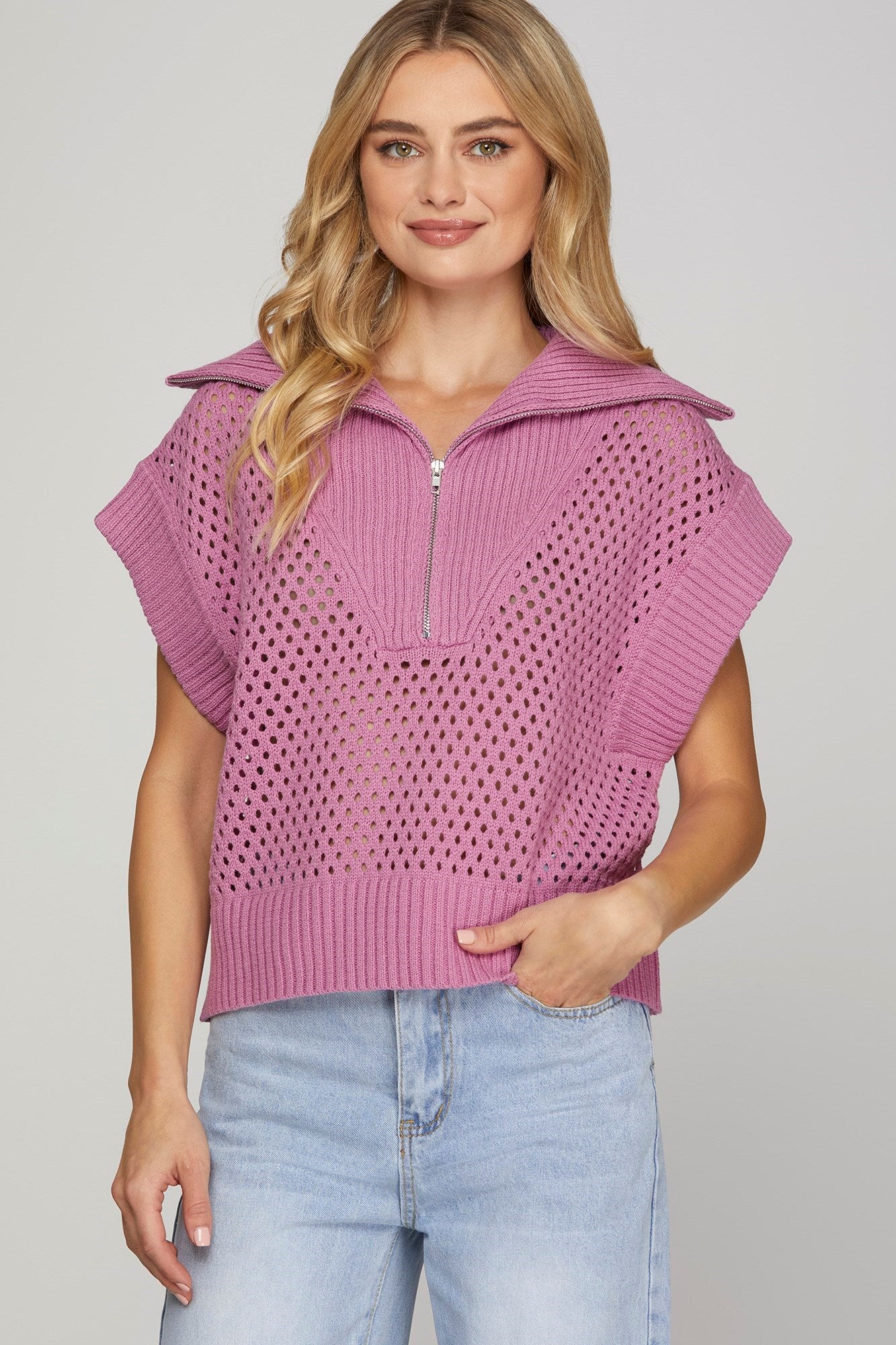 She + Sky Collared Drop Shoulder Half Zip Sweater