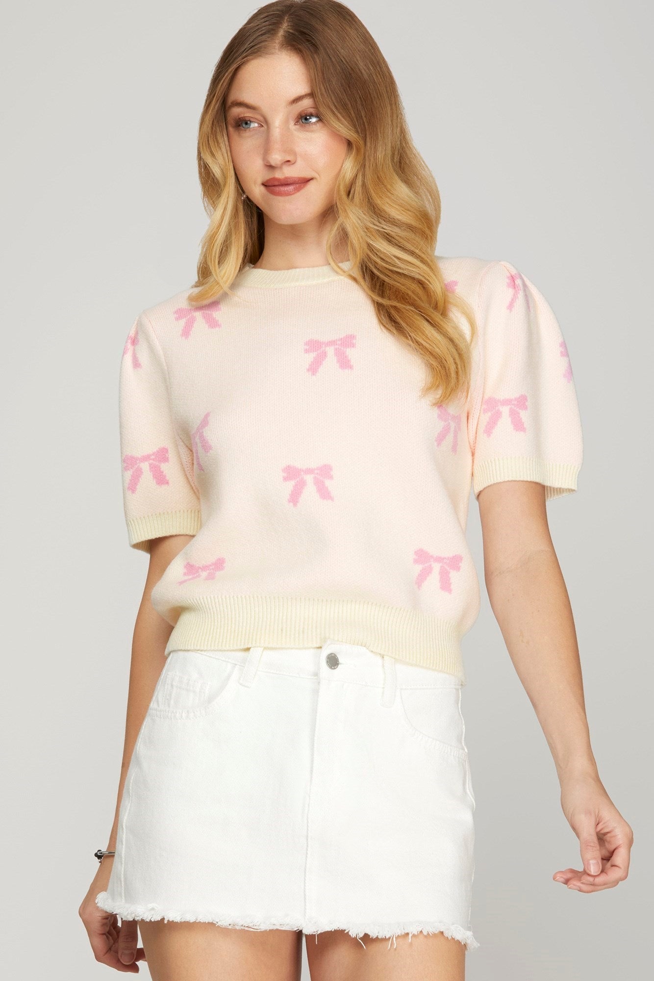 She + Sky Cream/Pink Bow Top