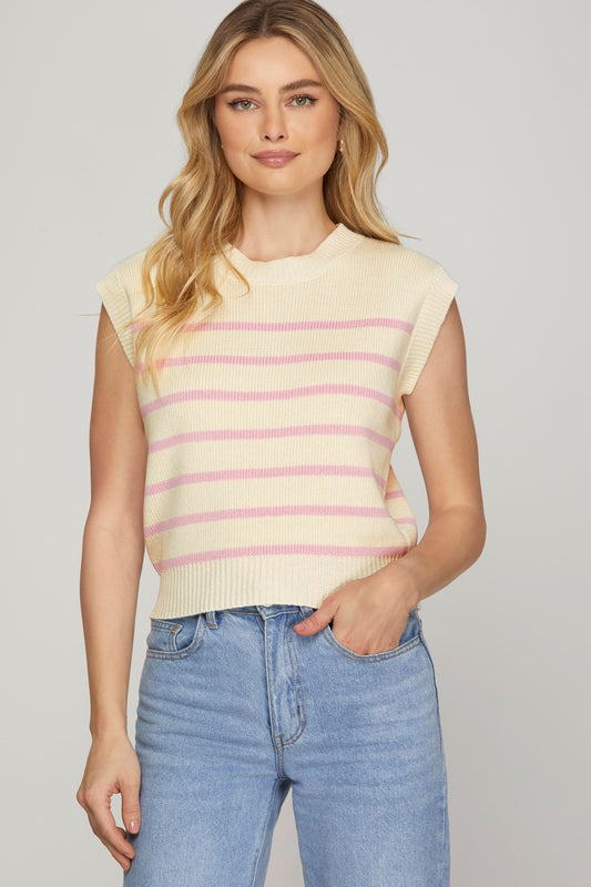 She + Sky Short Sleeve Pink and Cream Stripped Top