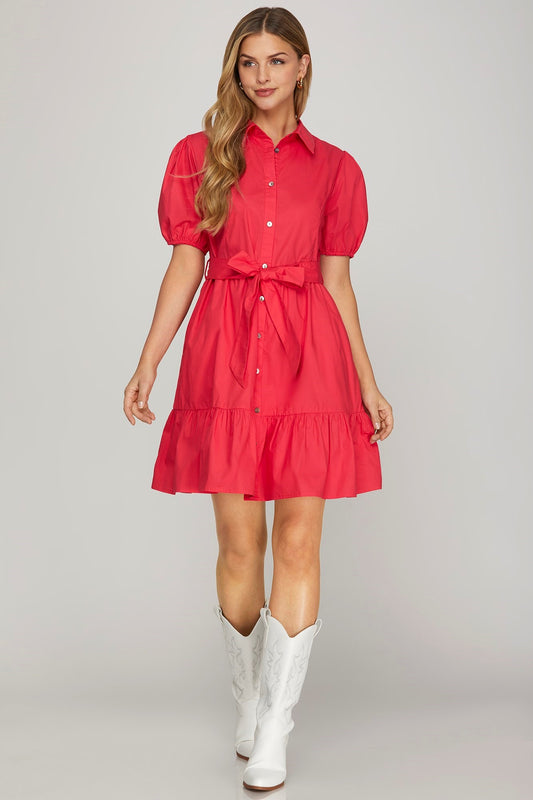 She + Sky Red Half Puff Sleeve Dress