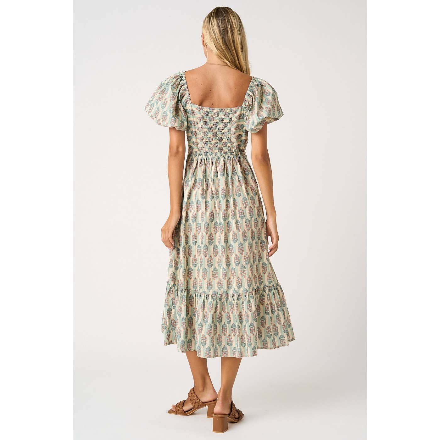 FLORAL STRIPED PRINT PUFF SLEEVE MIDI DRESS