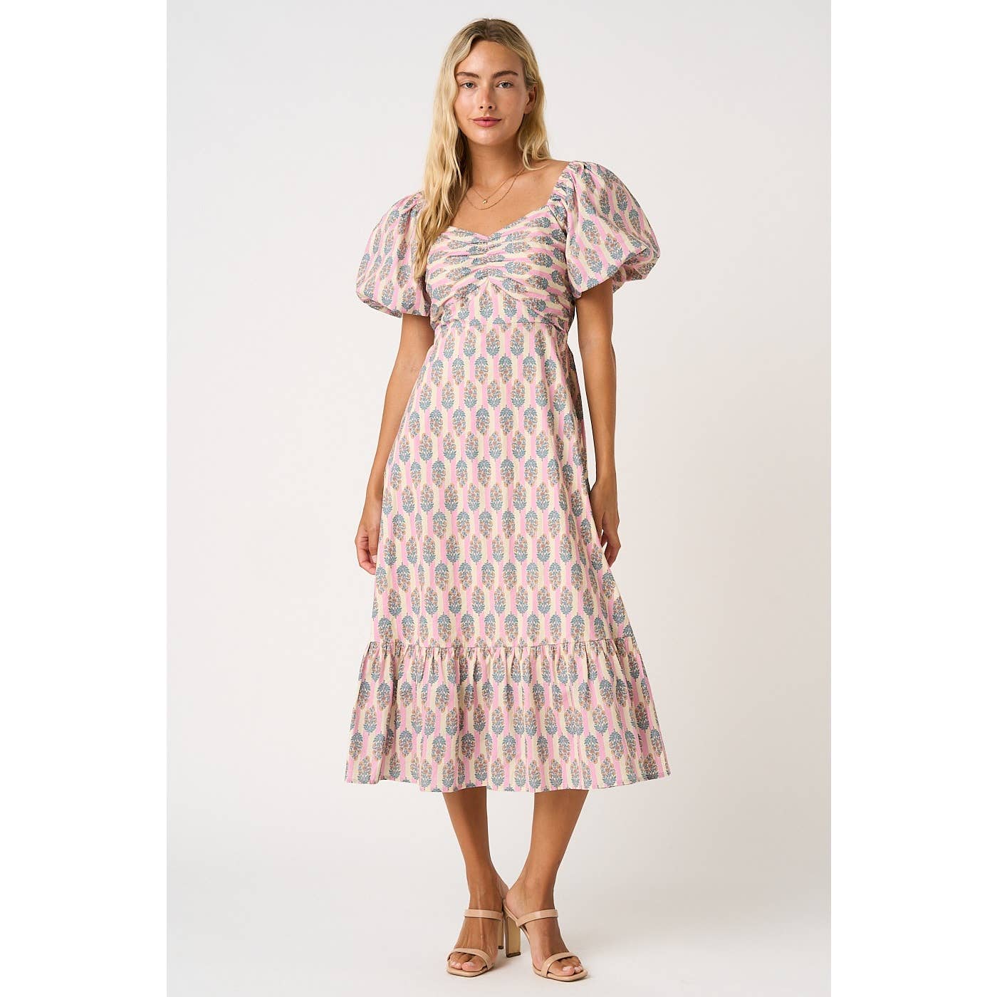 FLORAL STRIPED PRINT PUFF SLEEVE MIDI DRESS