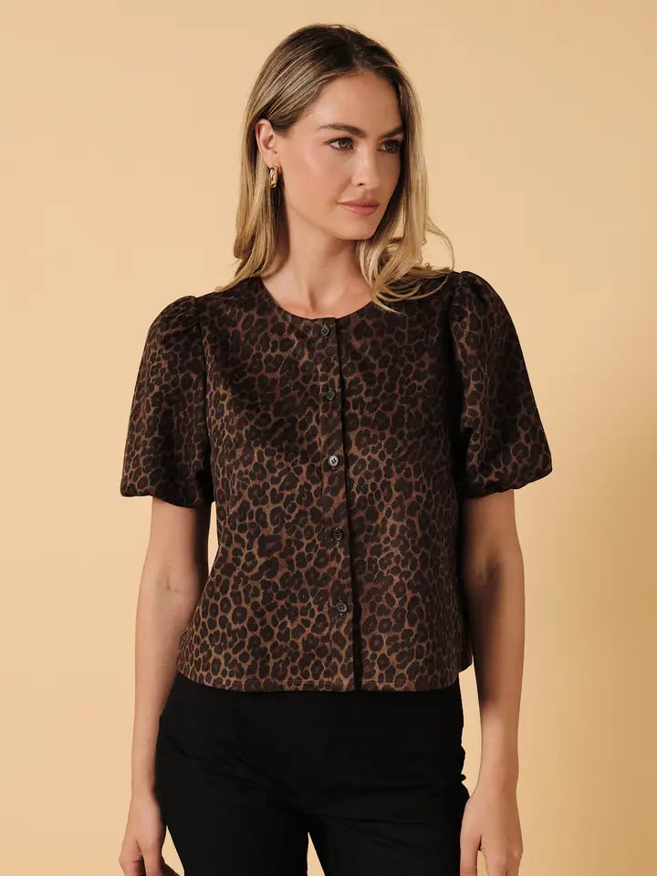 Sunday Edition Leopard Button Up Puff Sleeve Top