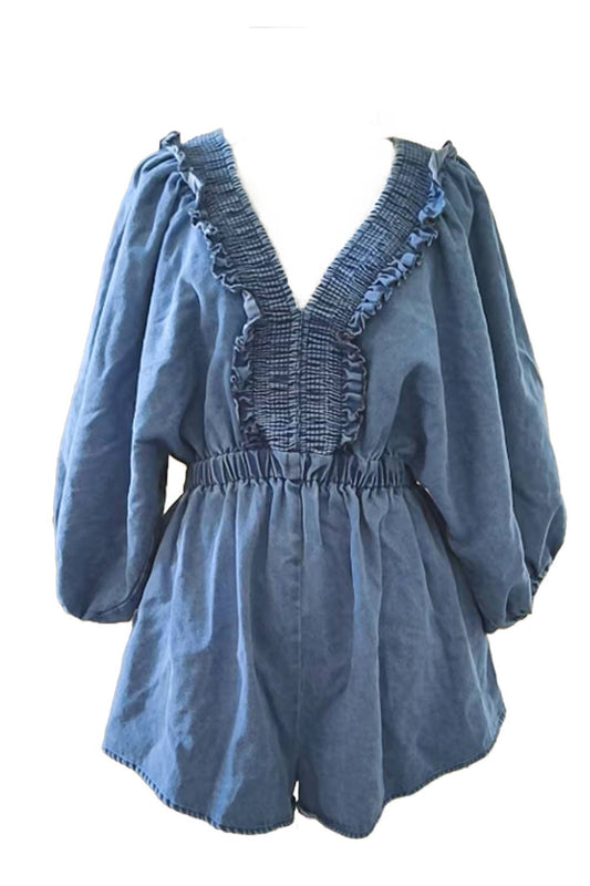 Bucketlist Smocked & Ruffled V-neckline Denim Romper