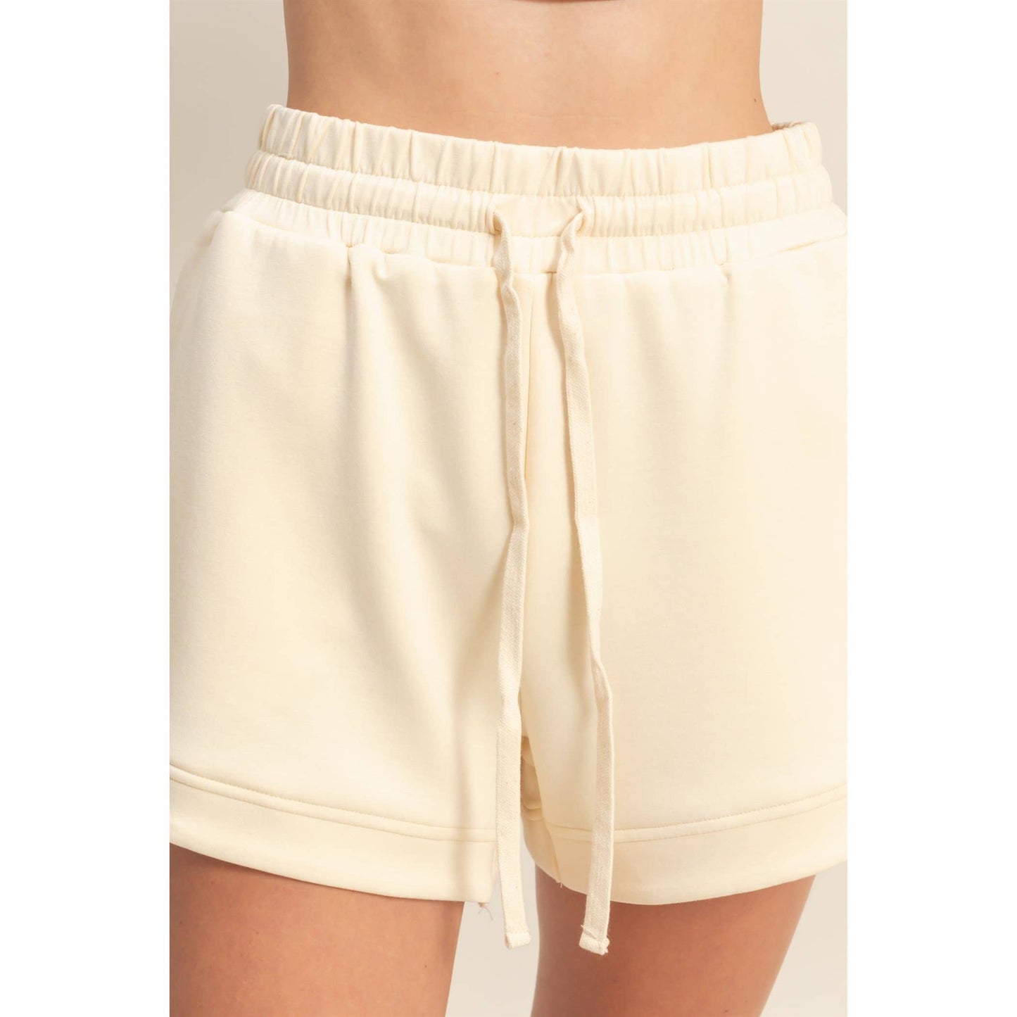 Double Knit Elasticized Waist Casual Loose Sweat Shorts Cream