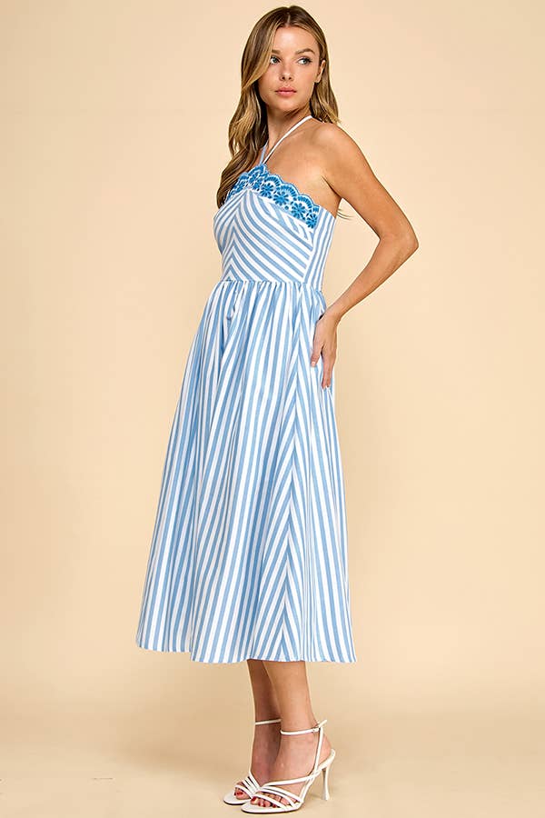 Baby Pink White/Pink Scalloped Halter Midi Dress