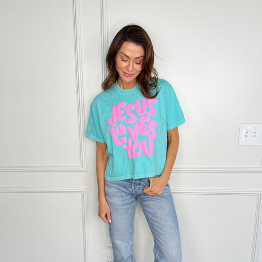 Poppy & Pine Smiley Jesus Loves You Puff Cropped Tee