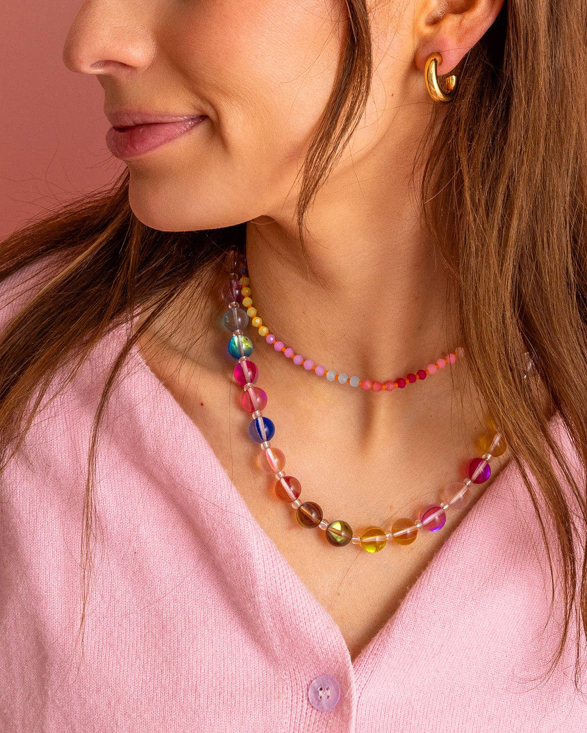 Taylor Elliott Beaded Necklace - Multi-Colored + Pink Beads - Riley