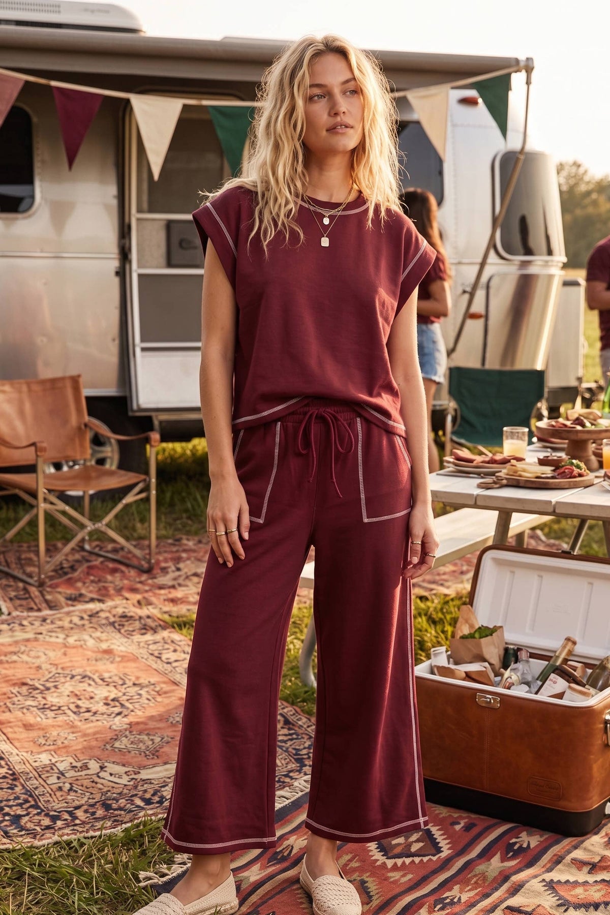 Sewn and Seen Maroon Scuba Contrast Stitch Lounge Set