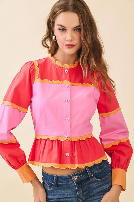 TCEC Color Block Scalloped Detail Peplum Top