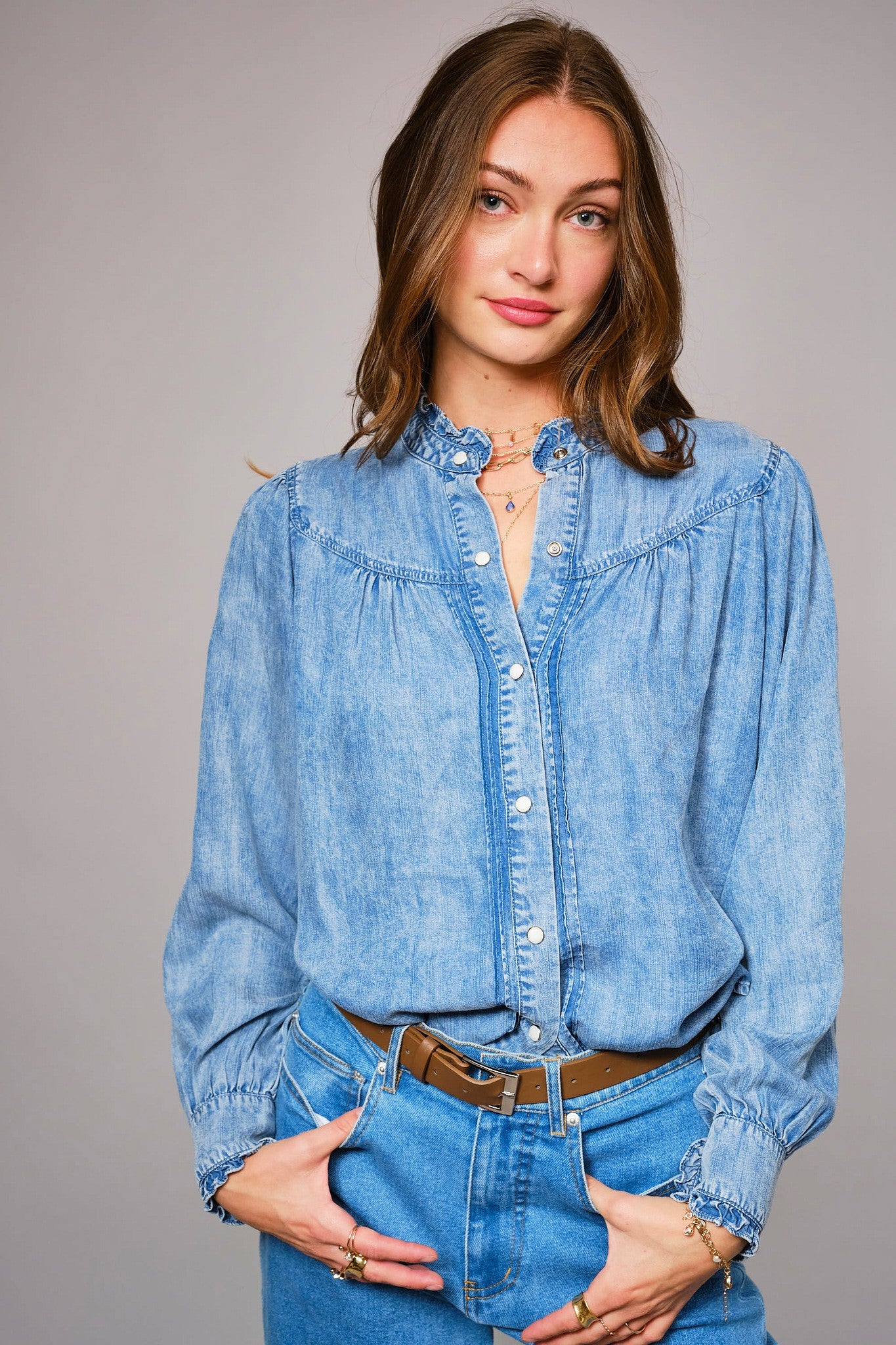 Blue B Denim Ruffle Shirt – Sassy C's Boutique