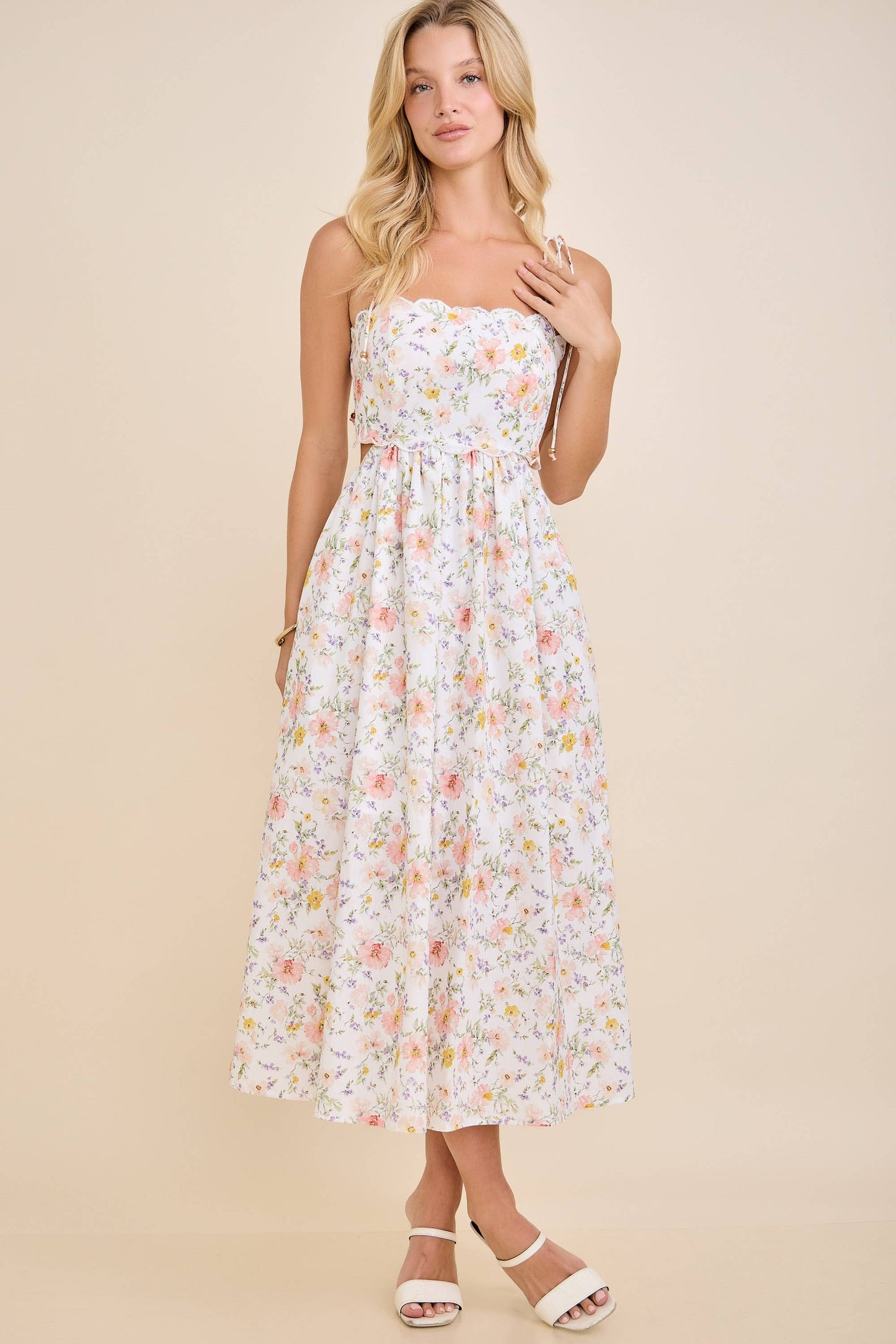 Main Strip White Scallop Edge Tie Shoulder Floral Midi Dress