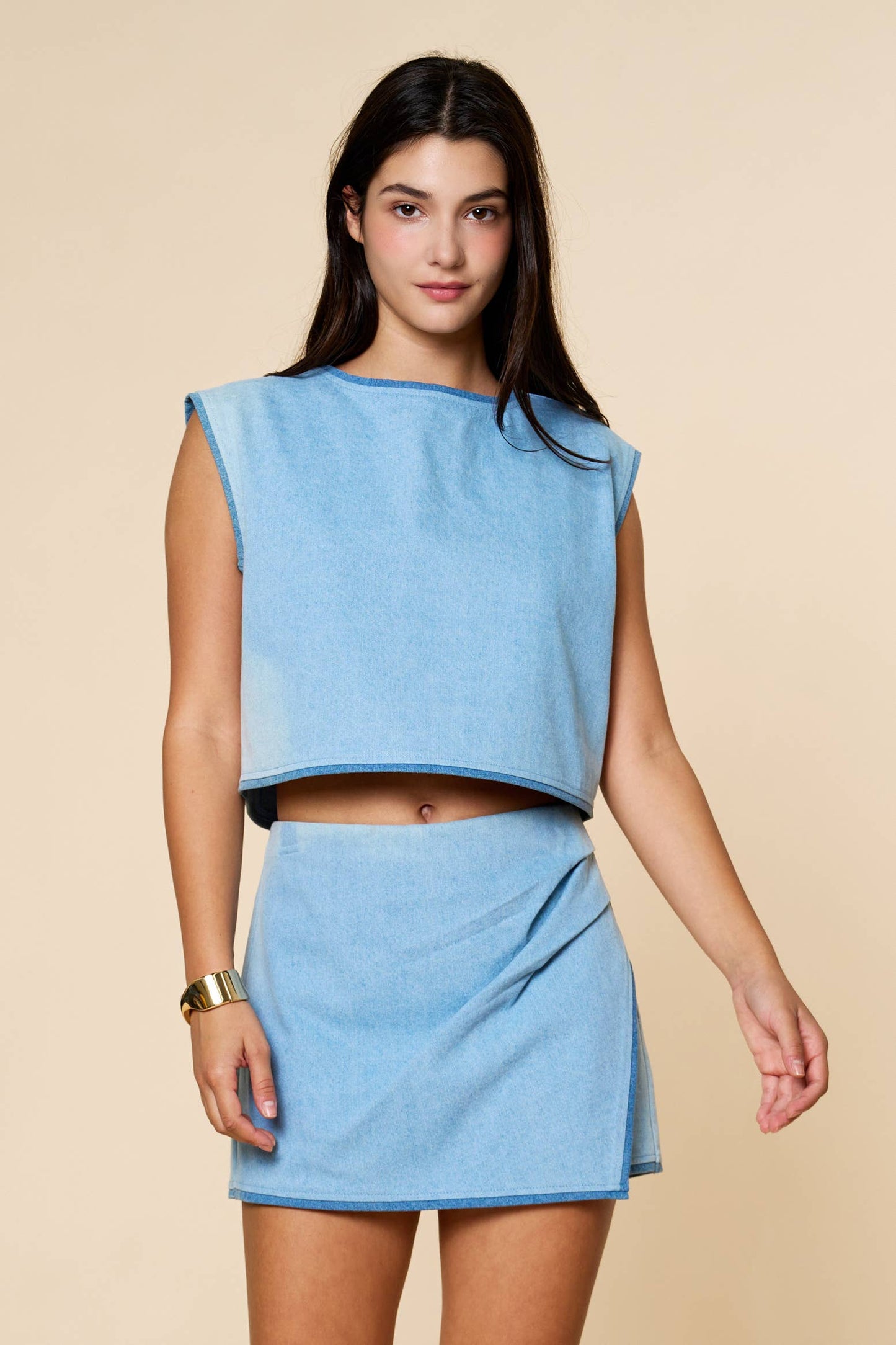 Denim Contrast Top with Wrap Skirt
