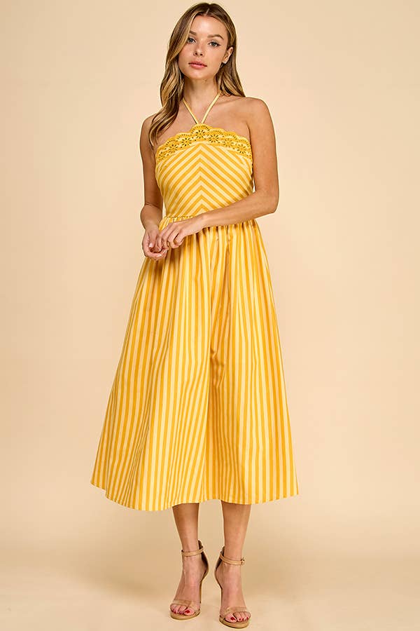 Baby Pink White/Pink Scalloped Halter Midi Dress