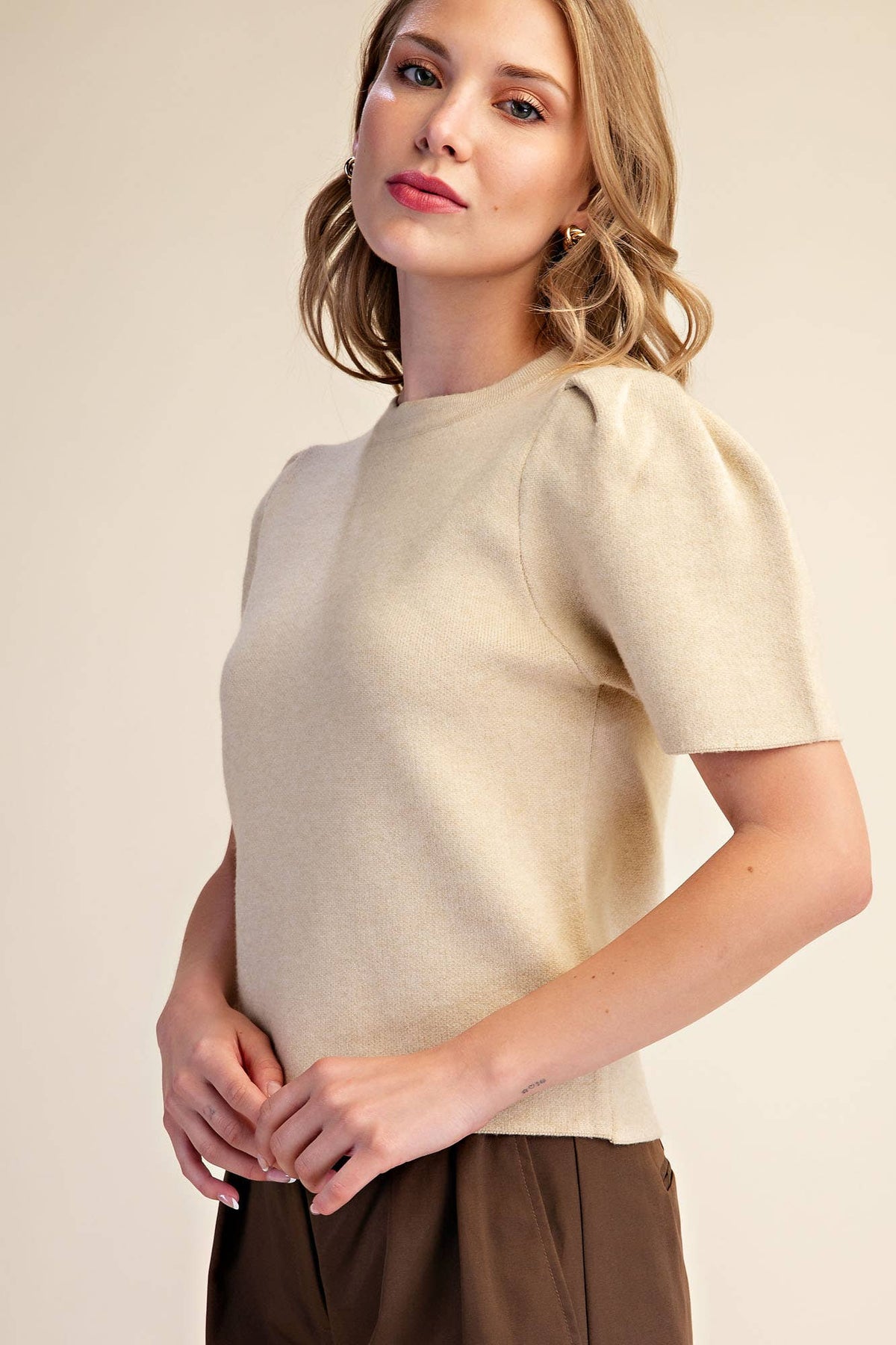 Glam Beige Puff Sleeve Pullover Knit Top (SW9242)