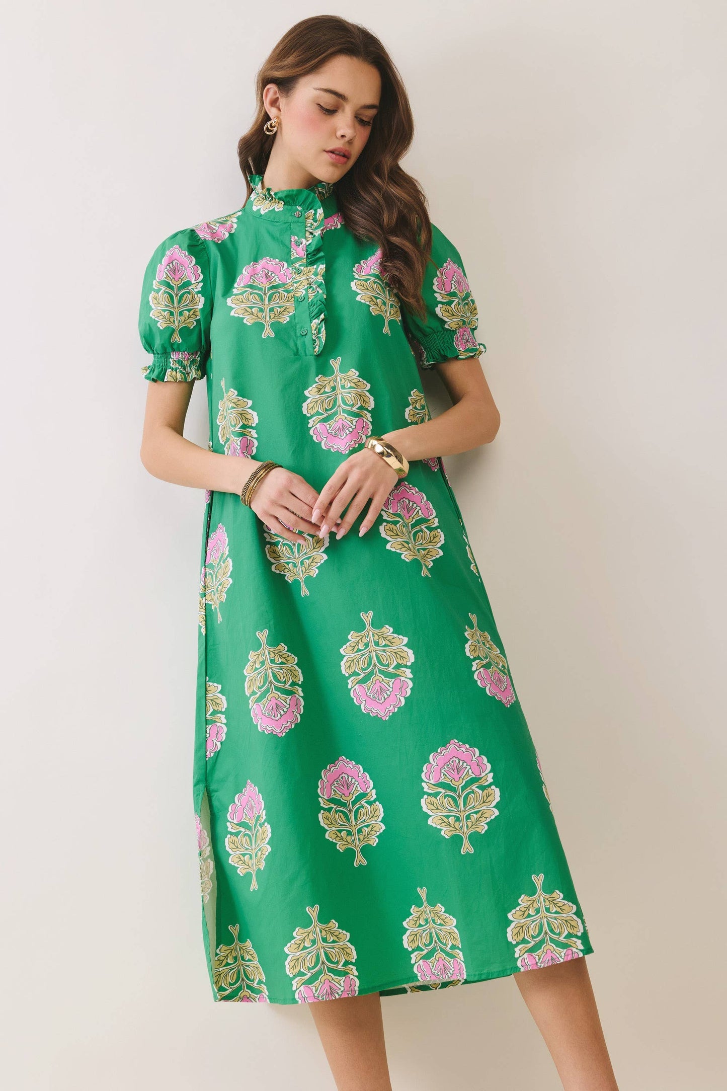 TCEC Green Floral Print Ruffle Button Down Midi Dress