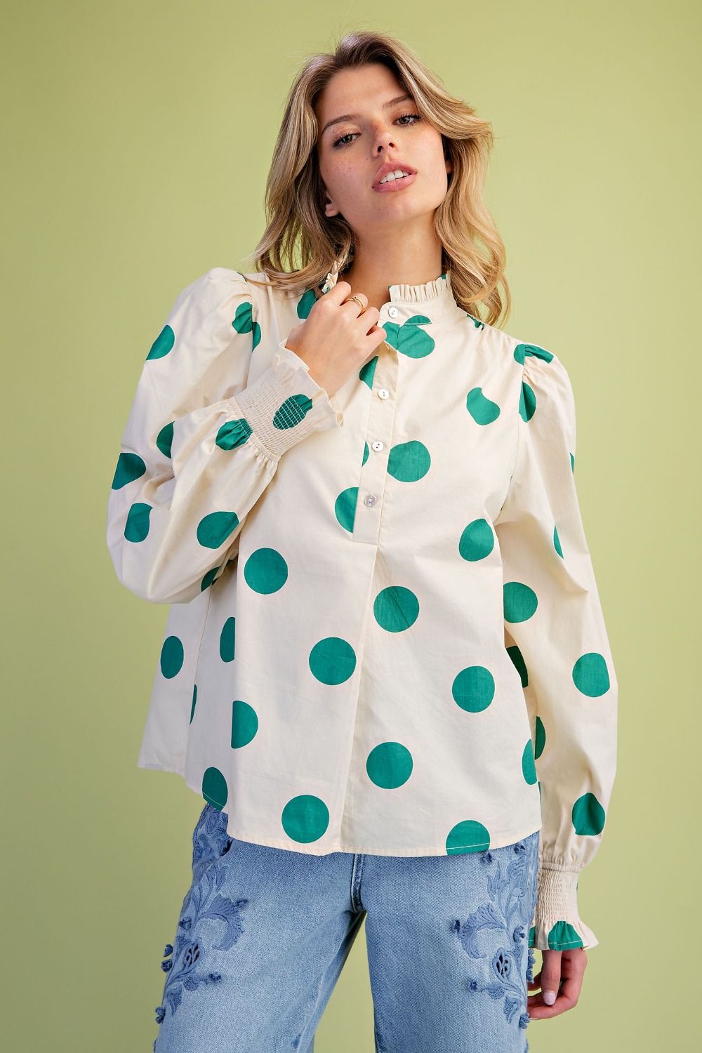 Easel Green Polka Dot Cotton Shirt