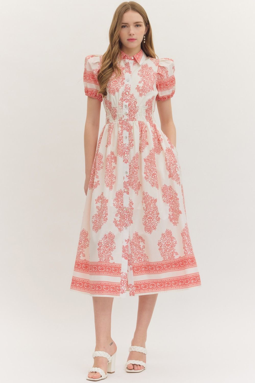 Entro Red Botanical Print Puff Sleeve Midi Dress