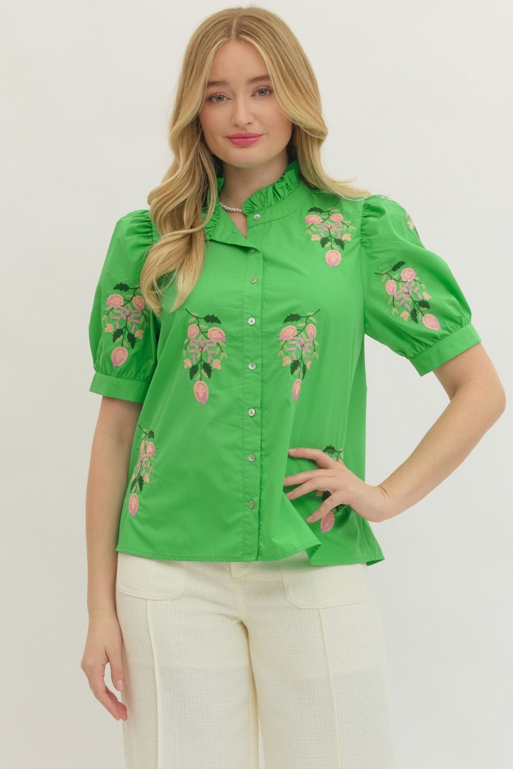Entro Green Embroidered Floral Top