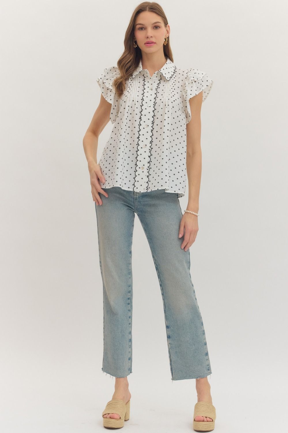 Entro Off White/Black Polka Dot Flutter Sleeve Top