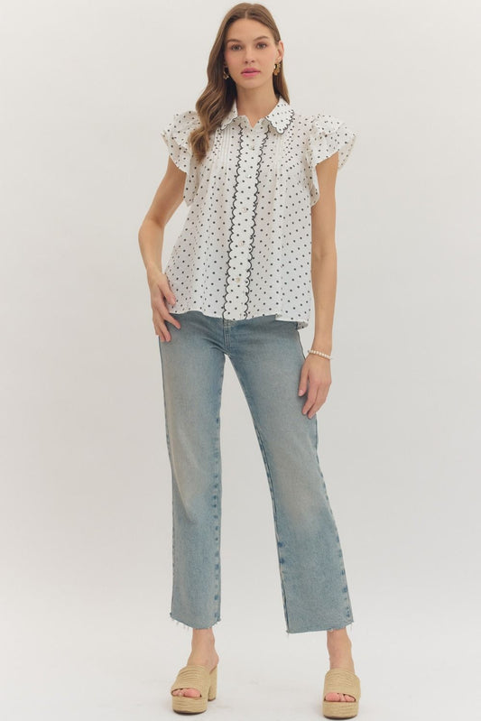 Entro Off White/Black Polka Dot Flutter Sleeve Top