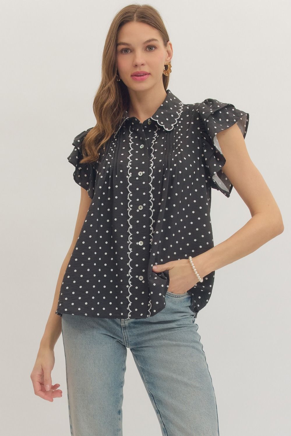 Entro Black/White Polka Dot Flutter Sleeve Top