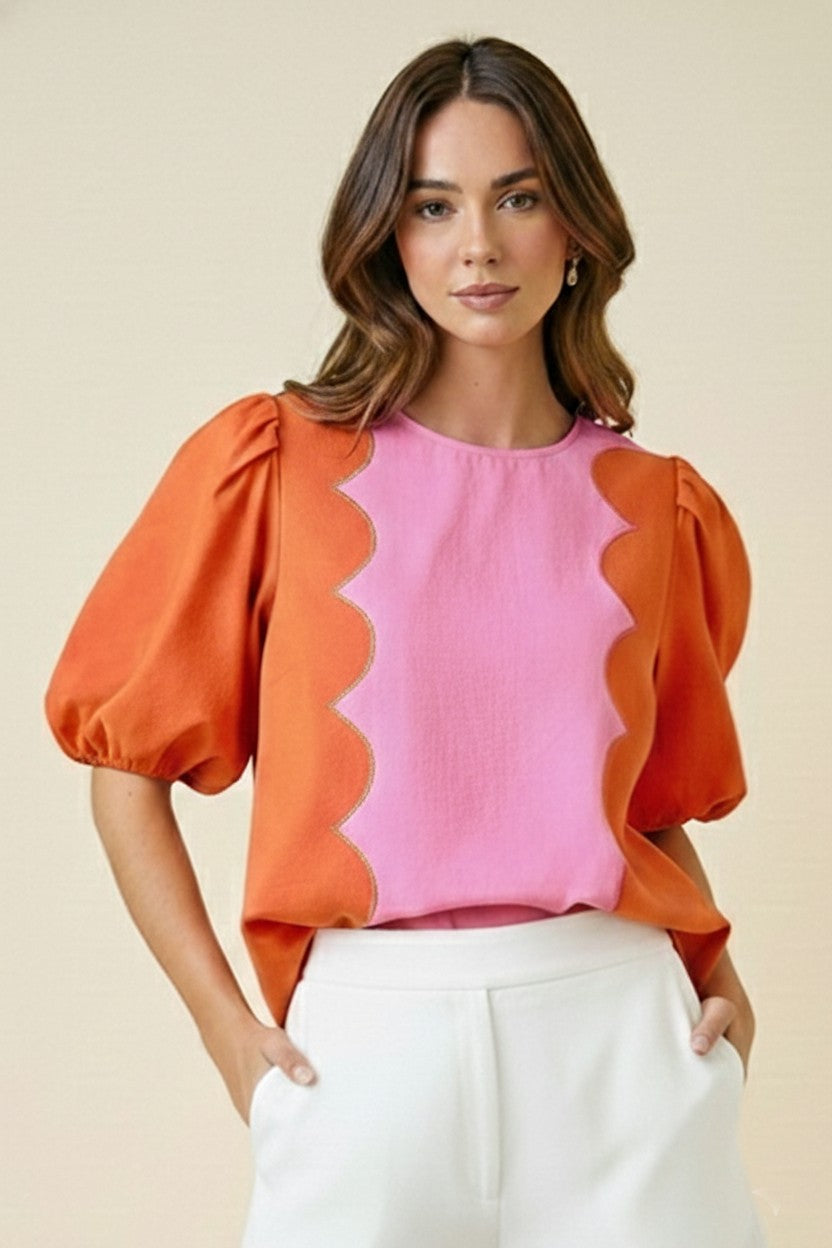 LovLov Orange/Pink Wave Scallop Top