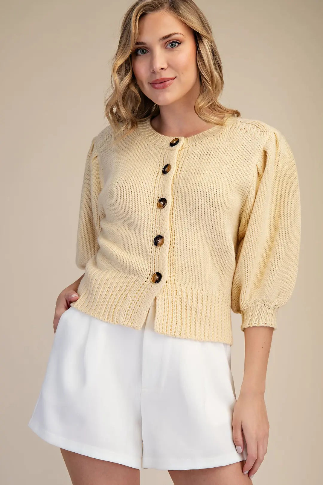 Glam Butter Yellow Short Puff Sleeve Button Down Sweater (GSW9765)