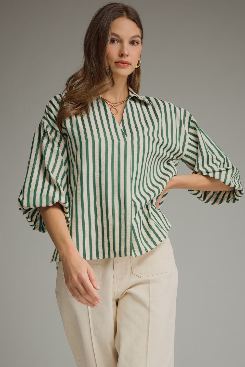 Entro Hunter Green Striped Puff Sleeve Top