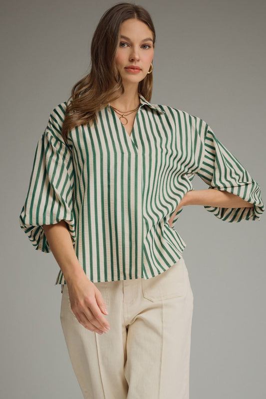 Entro Hunter Green Striped Puff Sleeve Top
