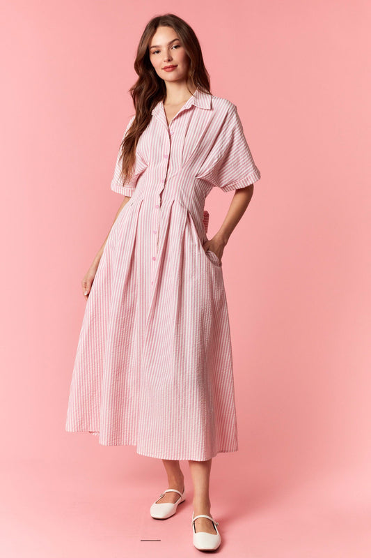 Peach Love Seersucker Striped Bow Tie Midi Dress