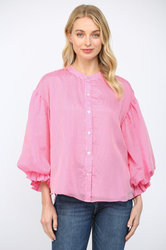 Fate Pink Pinstripe Voluminous Bubble Sleeve Blouse