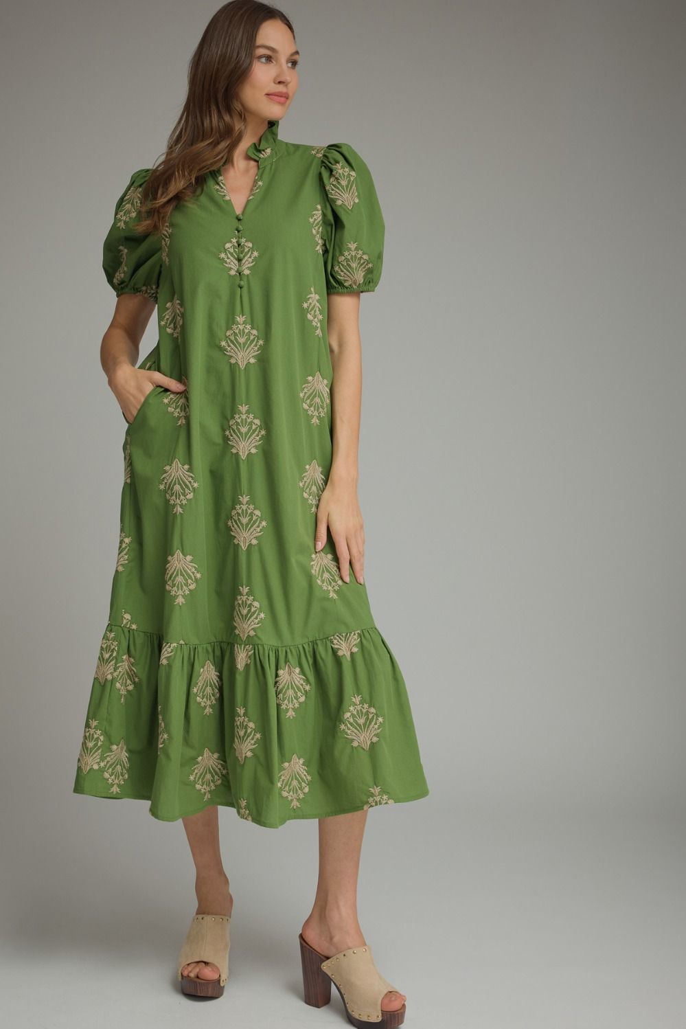Entro Olive Botanical Embroidery Short Puff Sleeve Dress (July)