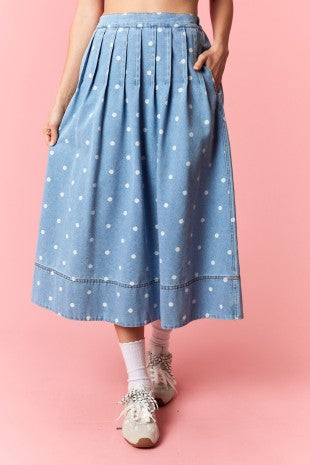 Peach Love Polka Dot Washed Denim Pintuck Flare Midi Skirt