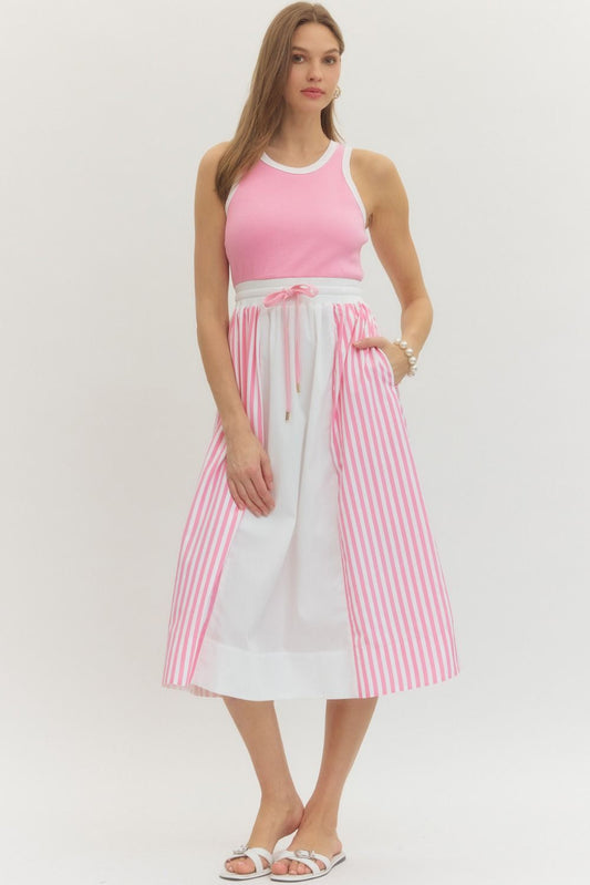 Entro Pink Striped Color Block Midi Dress