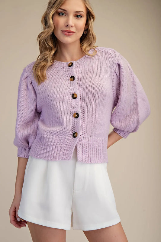 Glam Lavender Short Puff Sleeve Button Down Sweater (GSW9765)