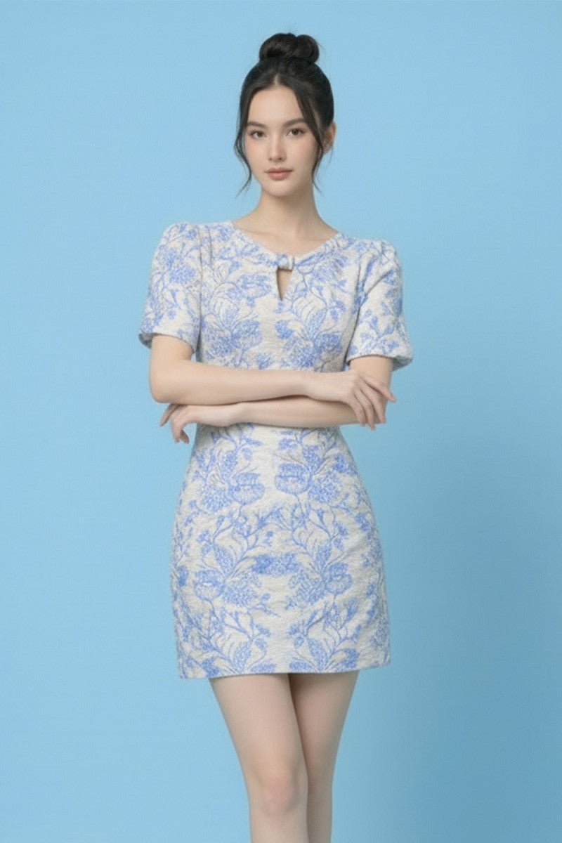 B.Right Off/White Blue Bubble Sleeve Jacquard Mini Dress